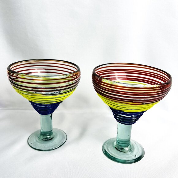 Mexican Hand-Blown Striped Margarita Glasses Heavy Large Barware 12 oz. Set of 2 - Picture 8 of 8